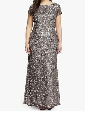 Adrianna Papell Silver Sequin Short Sleeve Maxi Dress